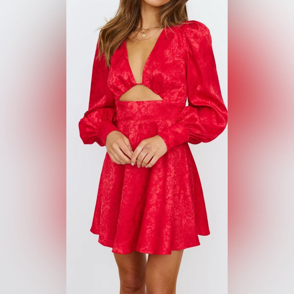 Revolve Seven Wonders Rosalia Mini Dress Red Long Sleeve Cut Out Satin Floral - Picture 4 of 12